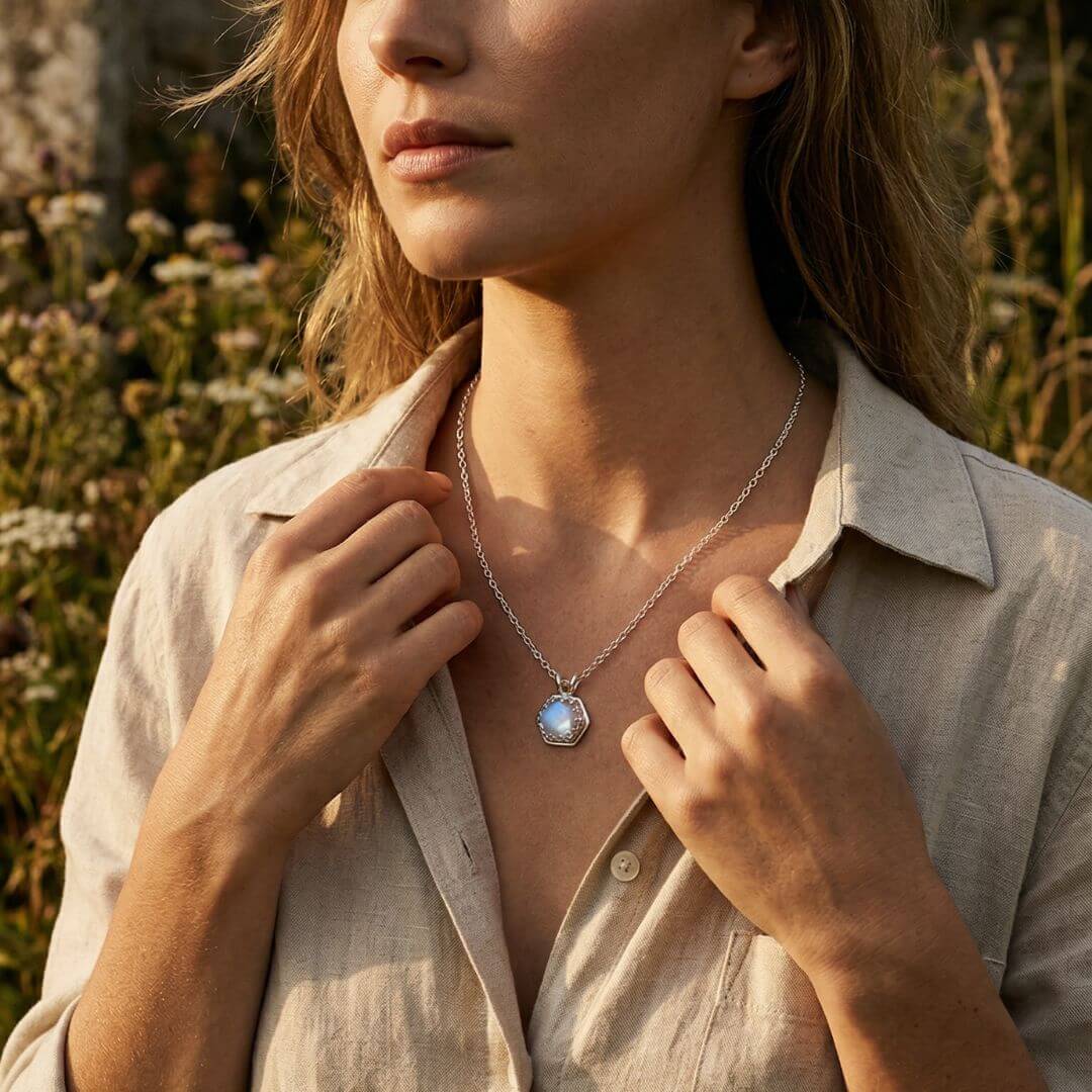 Hexagon rainbow moonstone necklace on model