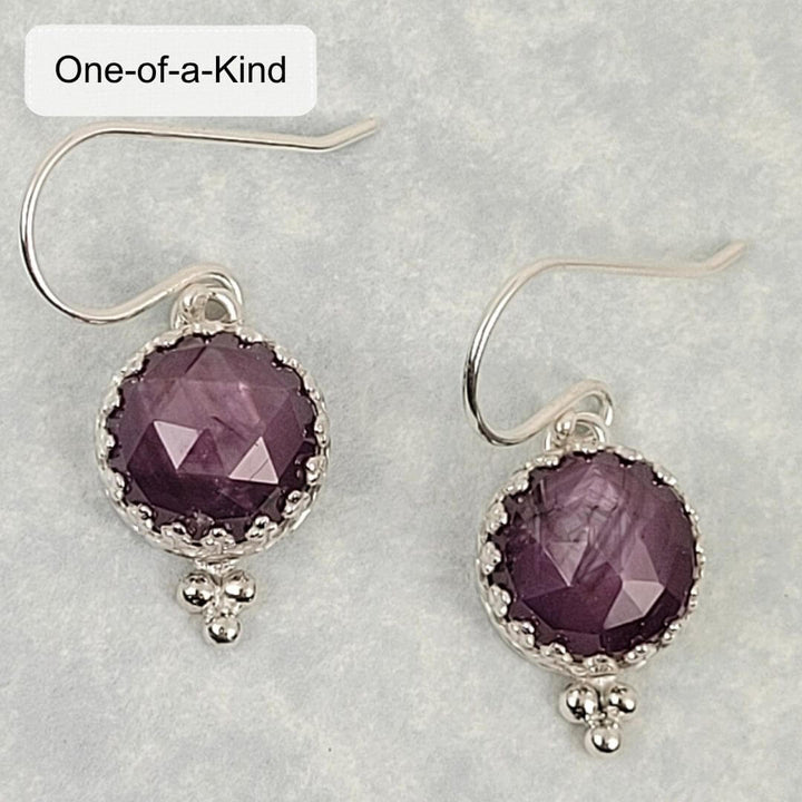 Rose-cut purple sapphire drop earrings in sterling silver