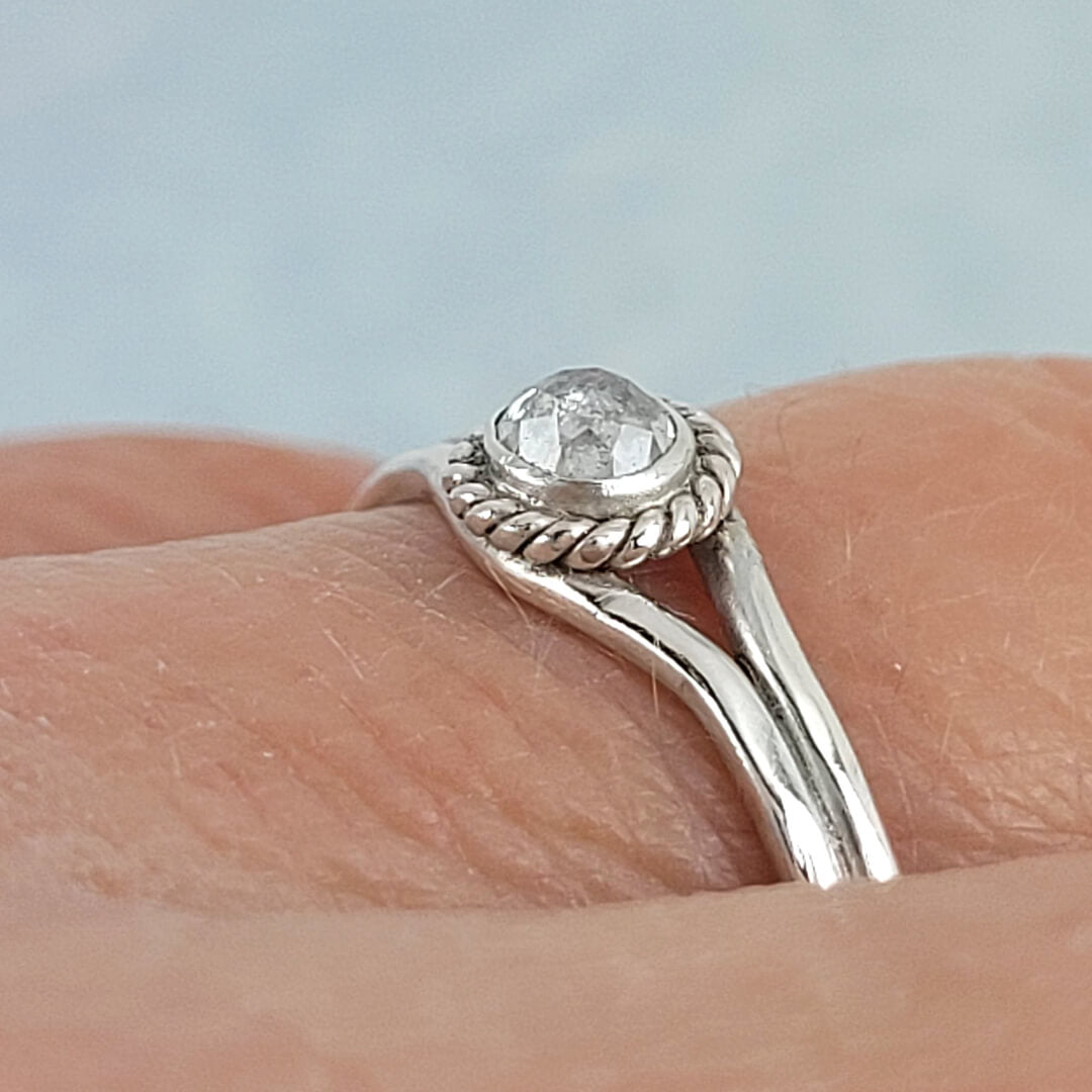 Rustic rose cut white diamond promise ring in sterling silver