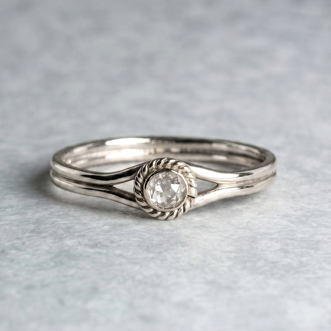 Rustic rose cut white diamond engagement ring in sterling silver