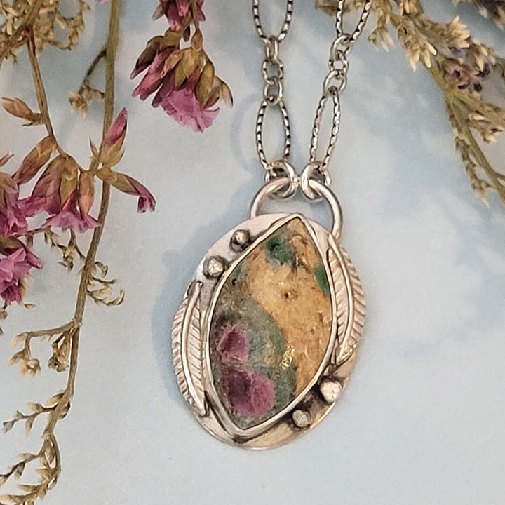 Ruby fuchsite leaf necklace in sterling silver