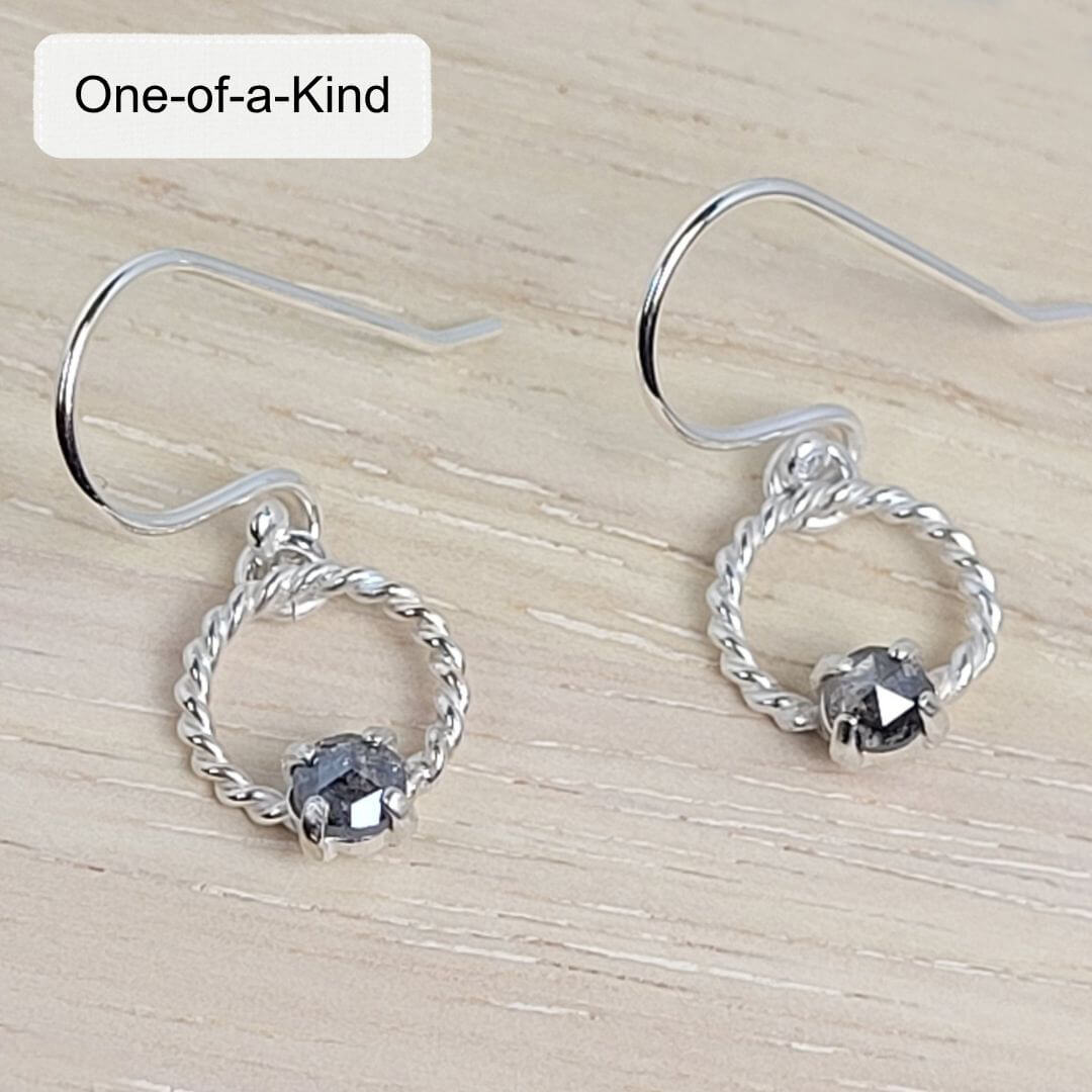 Rose cut gray diamond drop hoop earrings in sterling silver