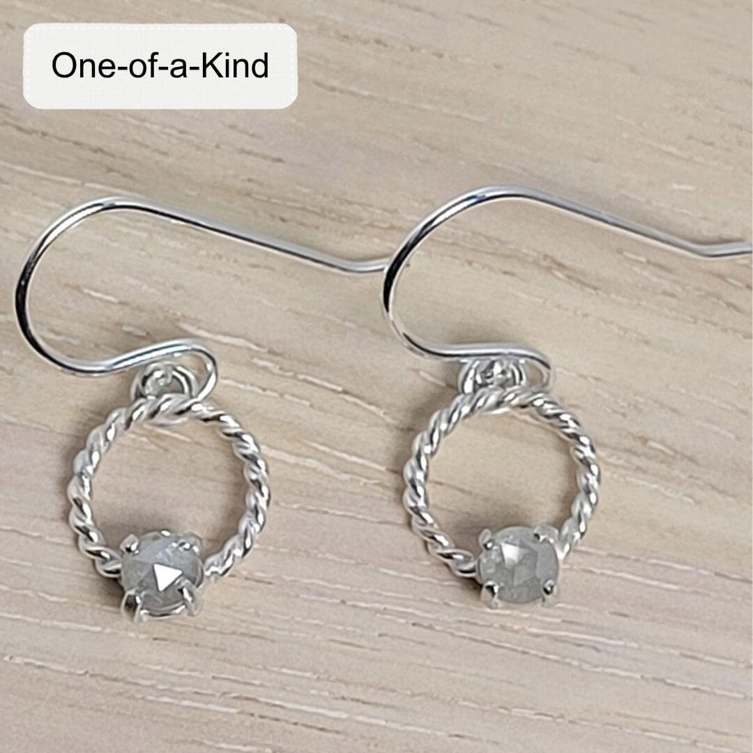 rose cut milky grayish-white diamond drop hoop earrings in sterling silver