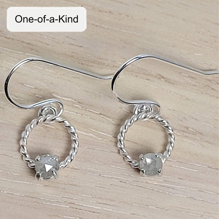 rose cut milky grayish-white diamond drop hoop earrings in sterling silver
