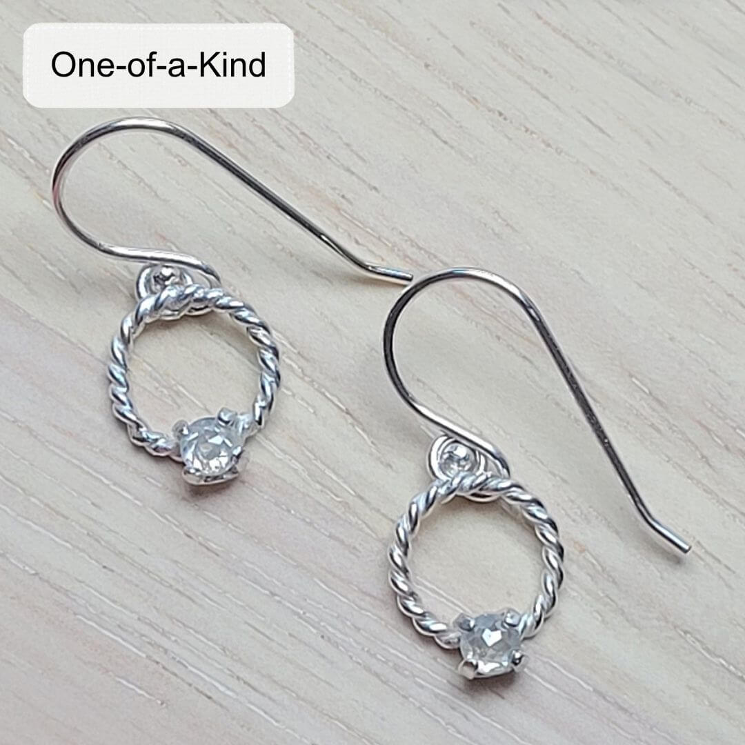 rose cut white diamond drop hoop earrings in sterling silver