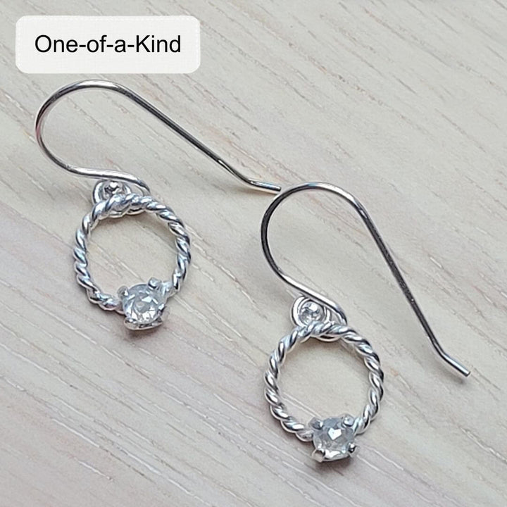 rose cut white diamond drop hoop earrings in sterling silver