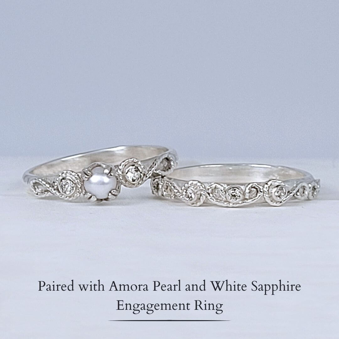 Vintage style scrollwork pearl and white sapphire engagement ring and matching scrollwork white sapphire wedding band bridal ring set in sterling silver 