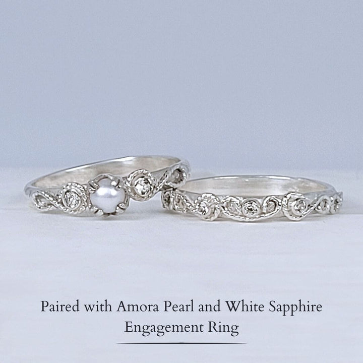 Vintage style scrollwork pearl and white sapphire engagement ring and matching scrollwork white sapphire wedding band bridal ring set in sterling silver 