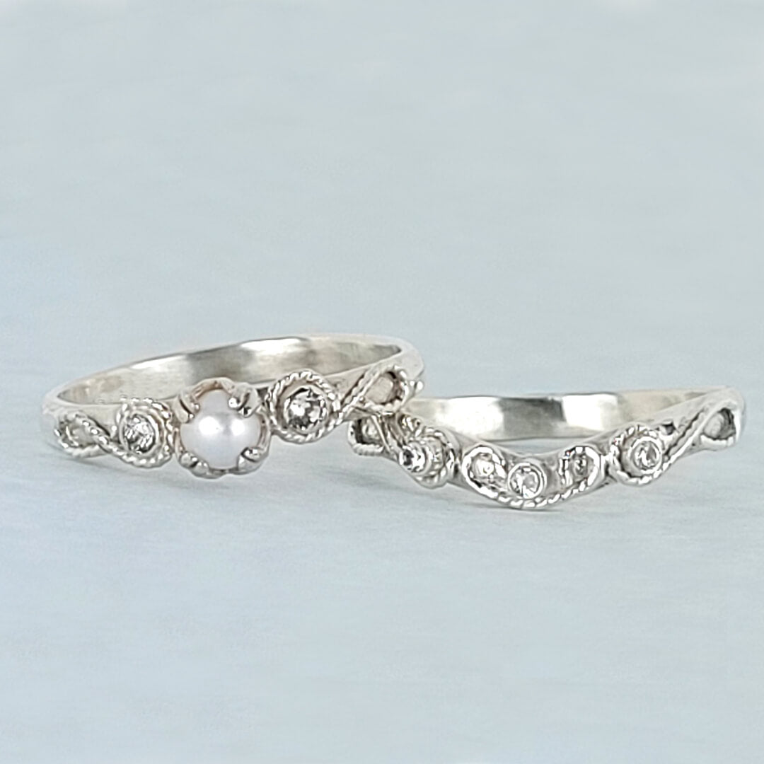 Vintage Style Scrollwork Pearl Engagement Ring with White Sapphires and Scrollwork White Sapphire Curved Wedding Band Set in Sterling Silver