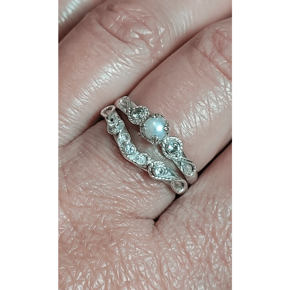 Vintage Style Scrollwork Pearl Engagement Ring with White Sapphires and Scrollwork White Sapphire Curved Wedding Band Set in Sterling Silver on Model