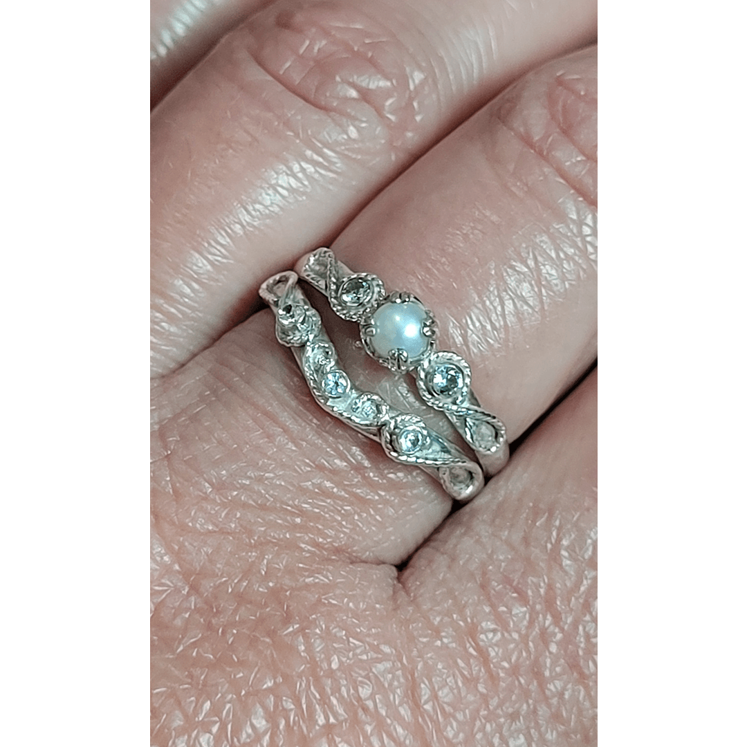 Vintage Style Scrollwork Pearl Engagement Ring with White Sapphires and Scrollwork White Sapphire Curved Wedding Band Set in Sterling Silver on Model