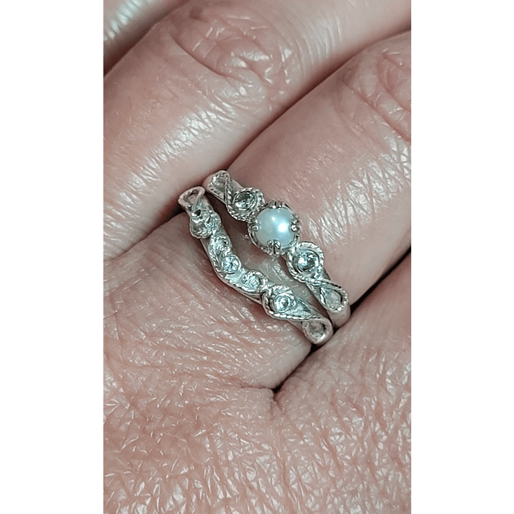 Vintage Style Scrollwork Pearl Engagement Ring with White Sapphires and Scrollwork White Sapphire Curved Wedding Band Set in Sterling Silver on Model