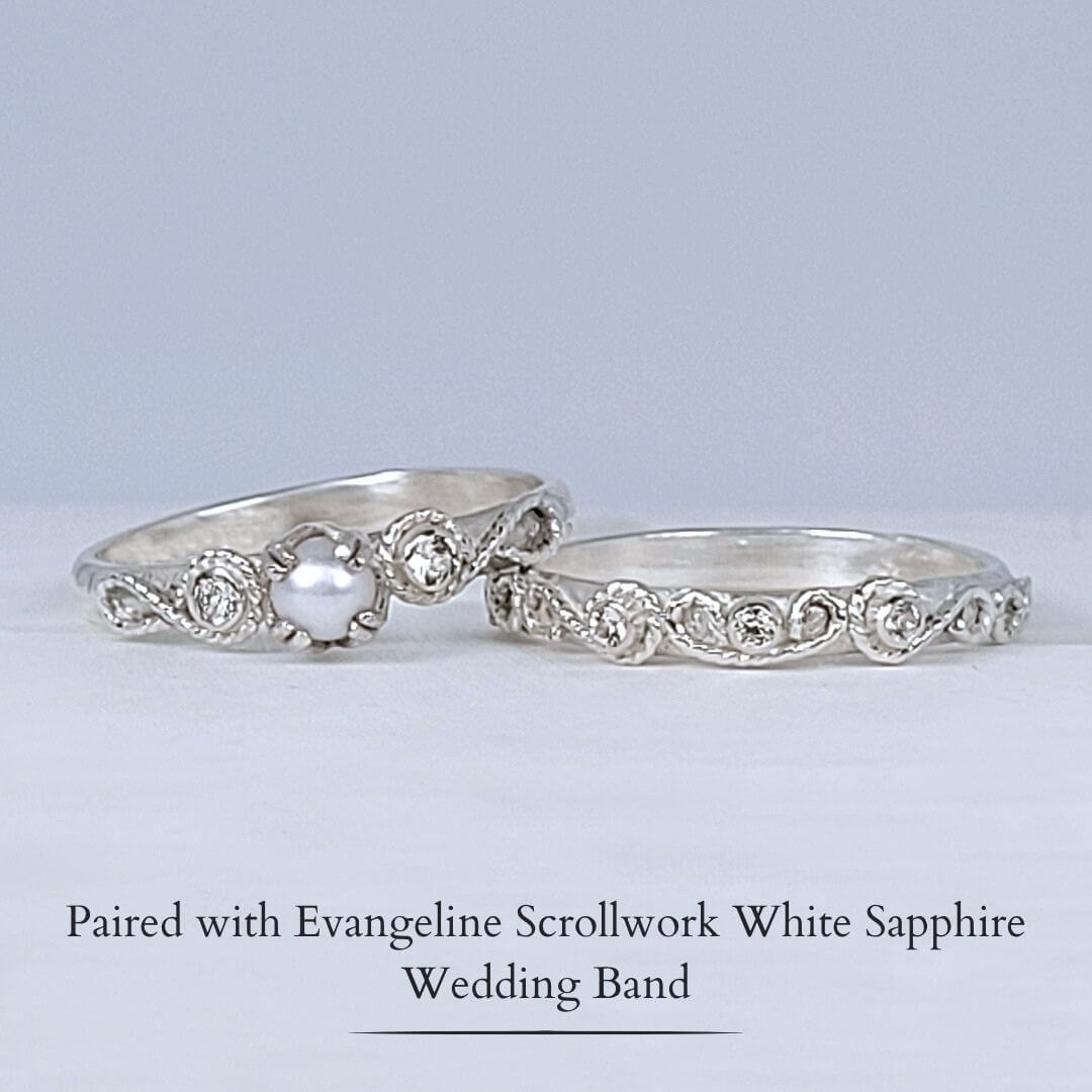 vintage style scrollwork pearl and white sapphire engagement ring and matching scrollwork white sapphire wedding band bridal ring set in sterling silver 