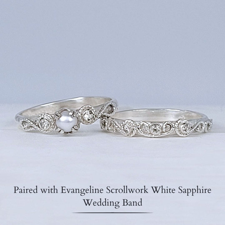 vintage style scrollwork pearl and white sapphire engagement ring and matching scrollwork white sapphire wedding band bridal ring set in sterling silver 