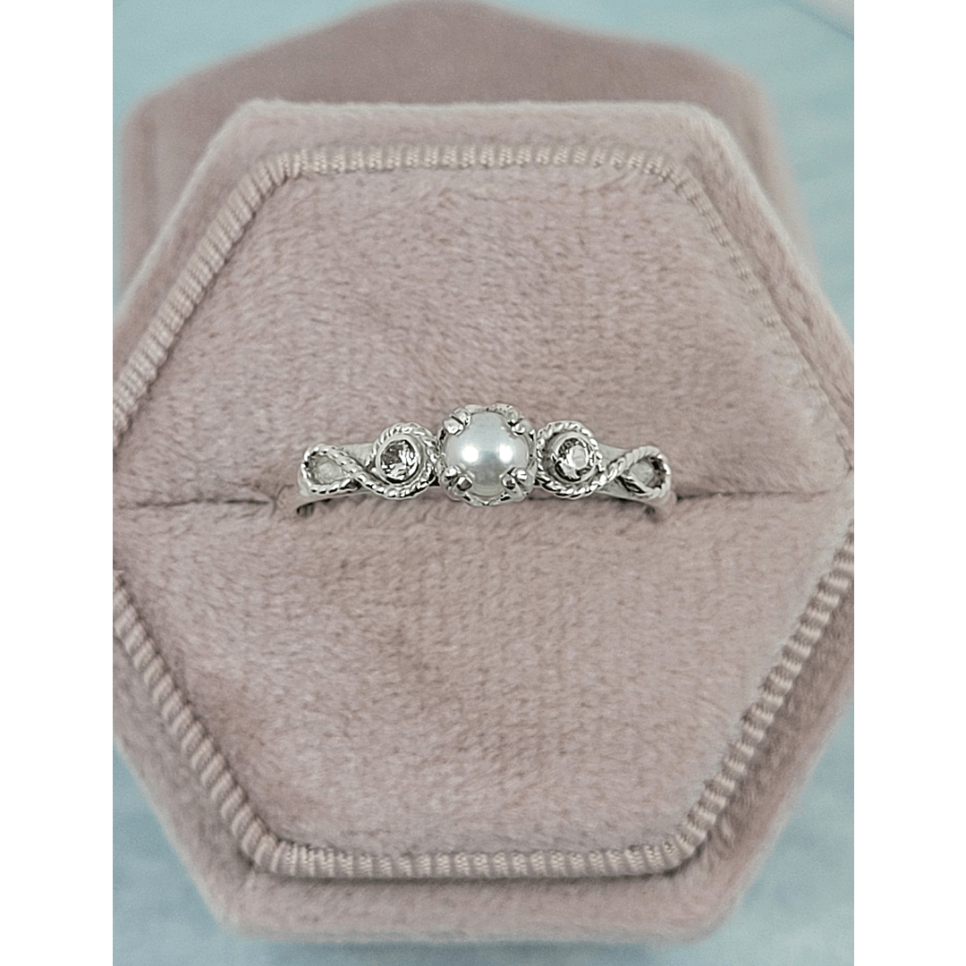 Scrollwork White Sapphire and Pearl Engagement Ring in Sterling Silver