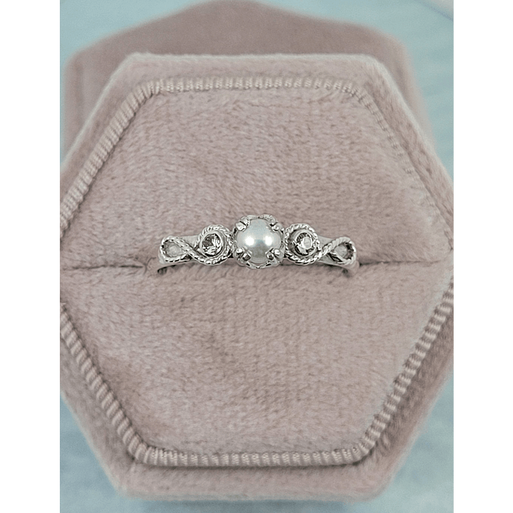 Scrollwork White Sapphire and Pearl Engagement Ring in Sterling Silver