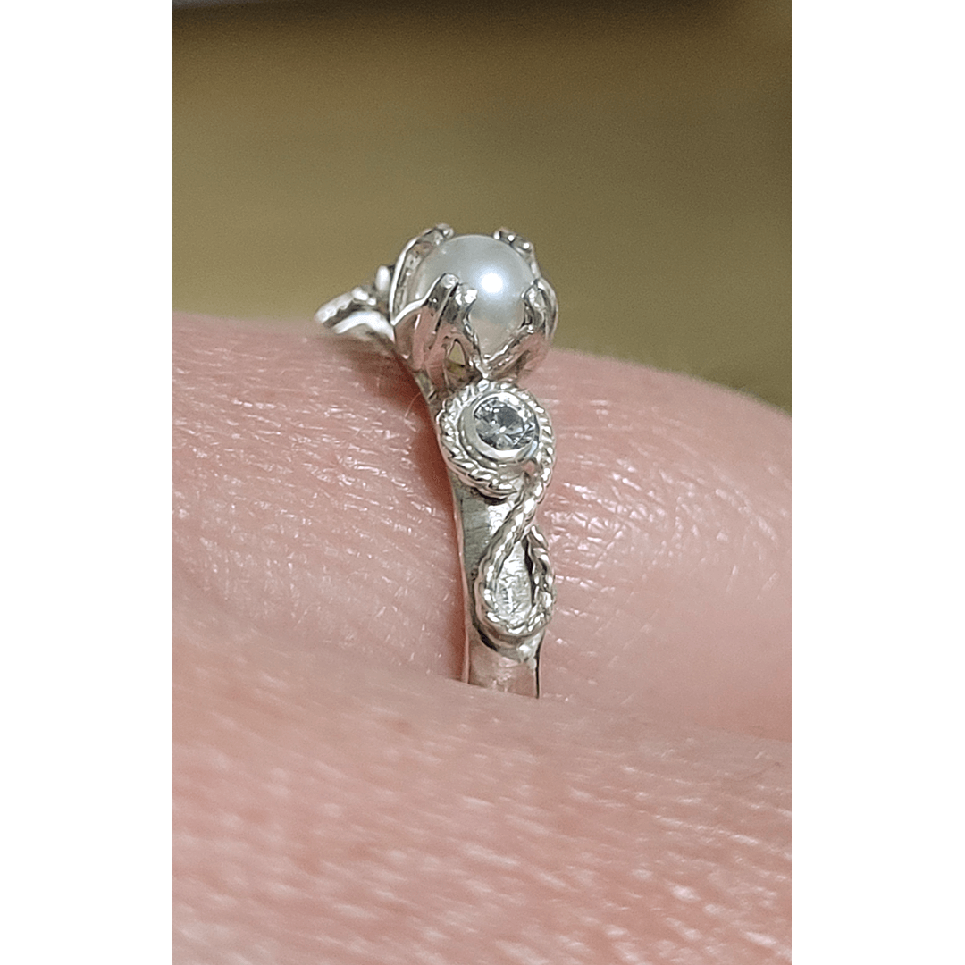 Scrollwork White Sapphire and Pearl Engagement Ring in Sterling Silver