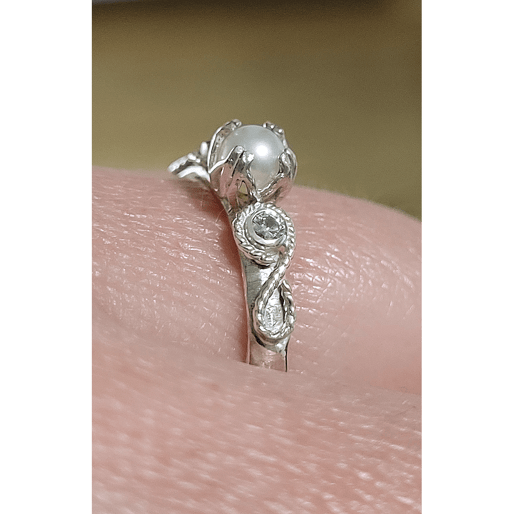 Scrollwork White Sapphire and Pearl Engagement Ring in Sterling Silver