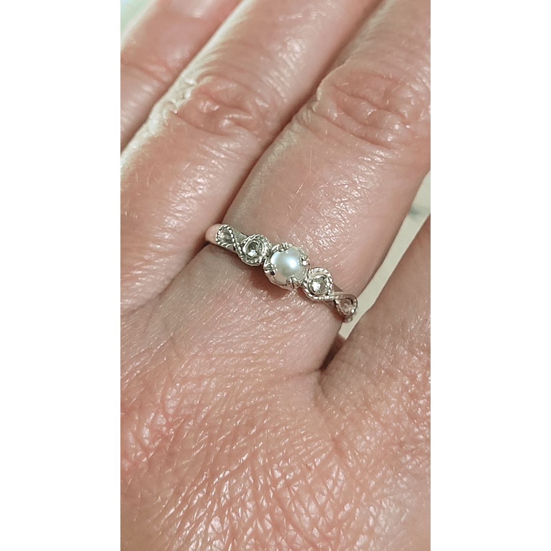 Scrollwork White Sapphire and Pearl Engagement Ring in Sterling Silver
