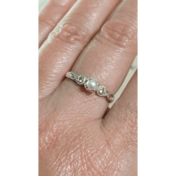 Scrollwork White Sapphire and Pearl Engagement Ring in Sterling Silver