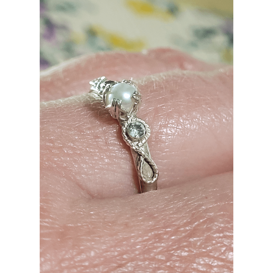 Scrollwork White Sapphire and Pearl Engagement Ring in Sterling Silver