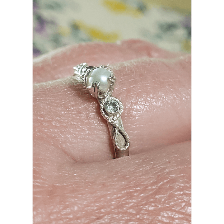 Scrollwork White Sapphire and Pearl Engagement Ring in Sterling Silver