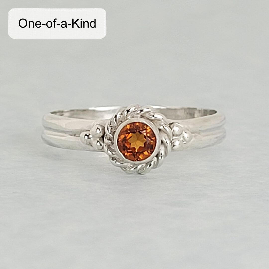 Sterling silver Spessartite garnet ring with vintage style rope halo