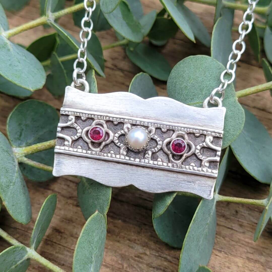 vintage style sterling silver bar necklace with pearl and rubies
