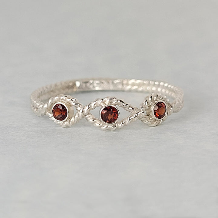 Sterling Silver Three Stone Garnet Braided Ring 