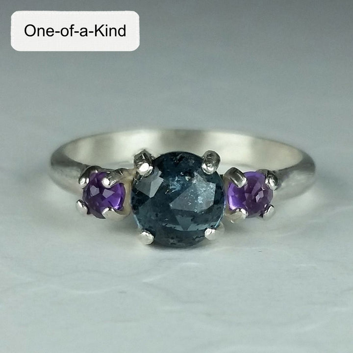 Sterling silver rose cut kyanite ring with amethysts