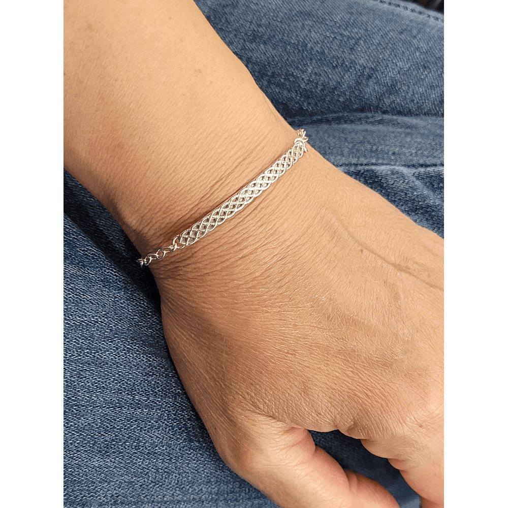 sterling silver woven bar bracelet on wrist