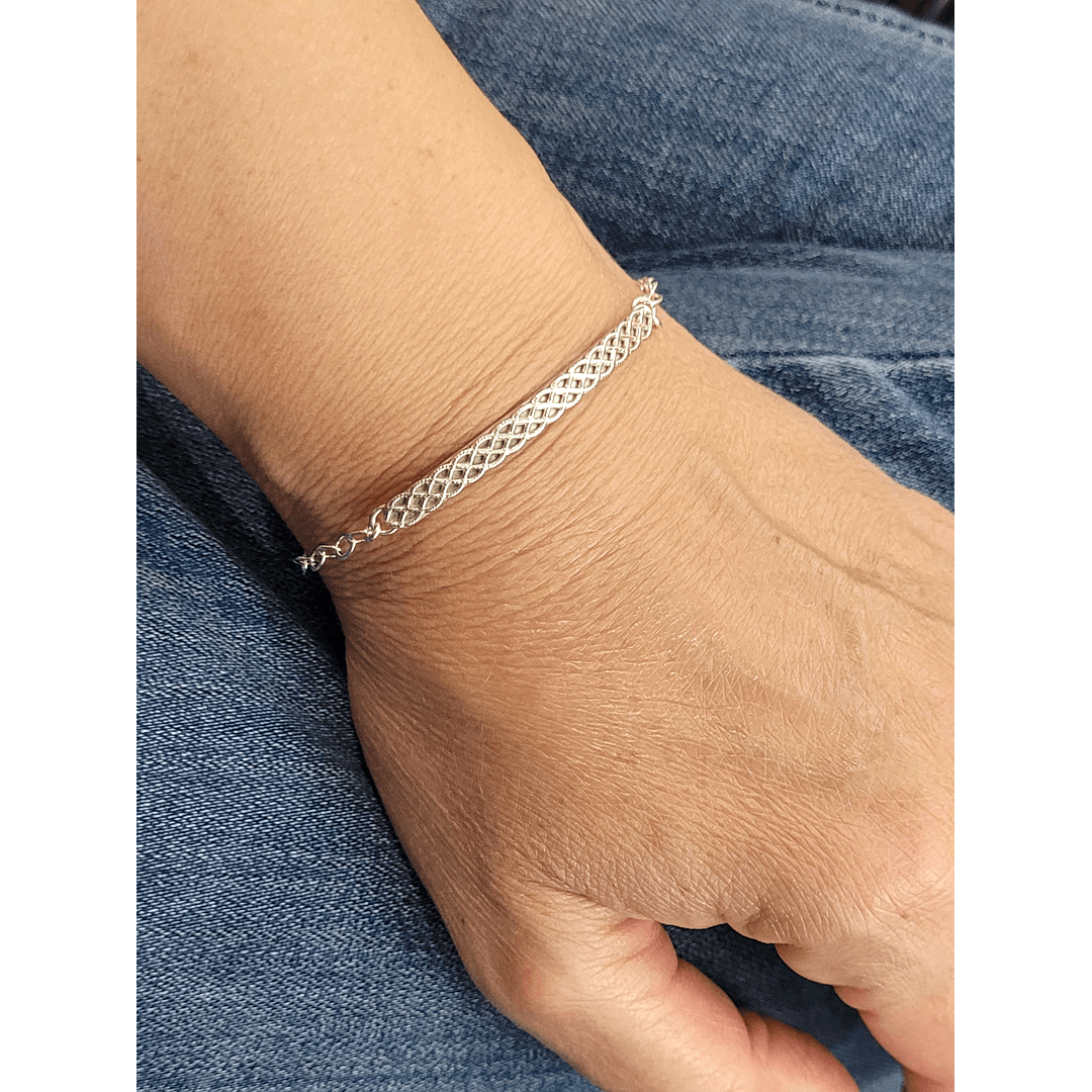 sterling silver woven bar bracelet on wrist