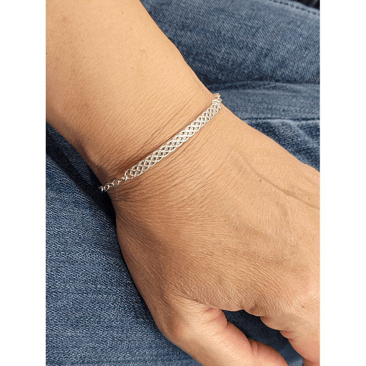 sterling silver woven bar bracelet on wrist