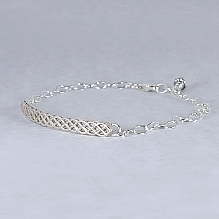 sterling silver woven bar bracelet side view, detail shot