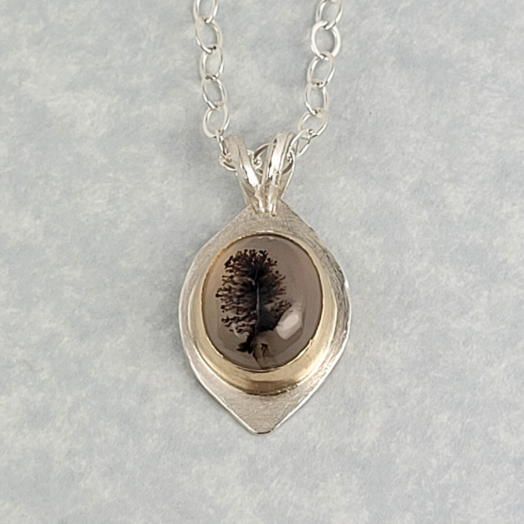 Scenic Tree Dendritic Agate Necklace in Sterling Silver with 14kt Gold Bezel 
