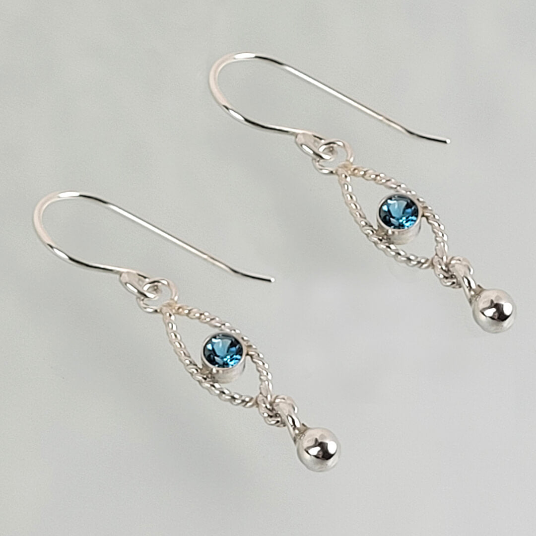 Rope Textured London Blue Topaz Dangle Earrings in Sterling Silver