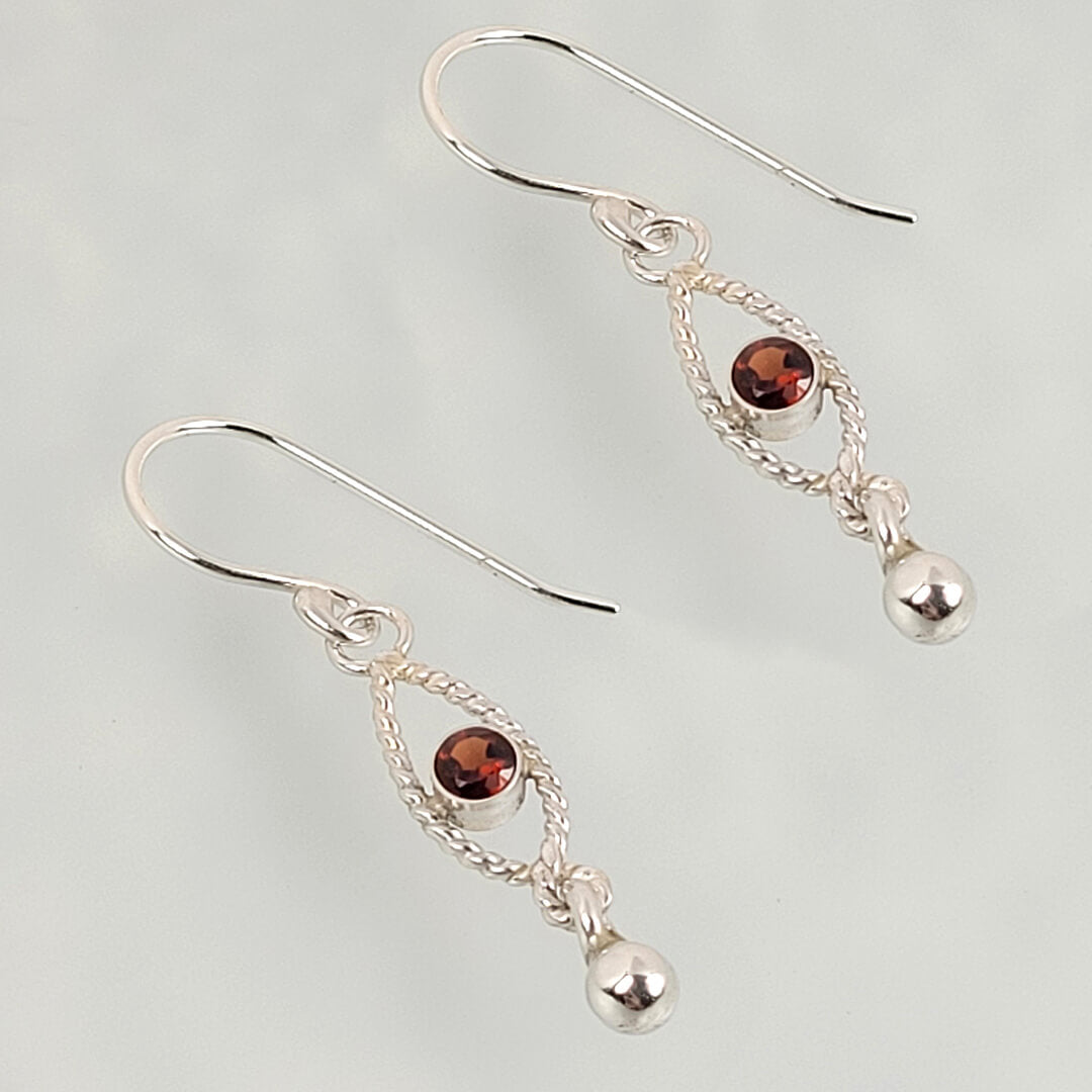 Rope Textured Garnet Dangle Earrings in Sterling Silver