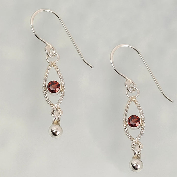 Rope Textured Garnet Dangle Earrings in Sterling Silver