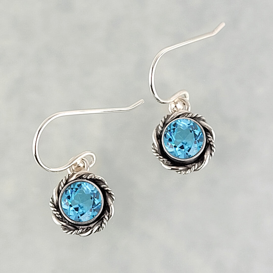 Swiss blue topaz earrings in sterling silver, vintage style drop earrings