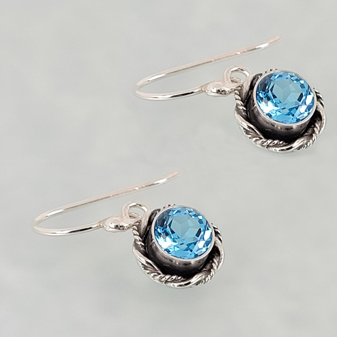 Swiss blue topaz earrings in sterling silver, vintage style drop earrings