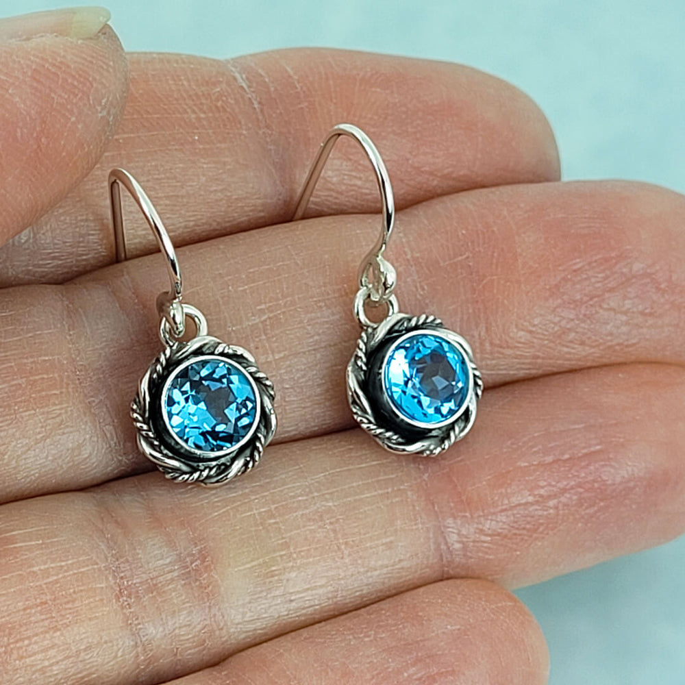 Swiss blue topaz earrings in sterling silver, vintage style drop earrings