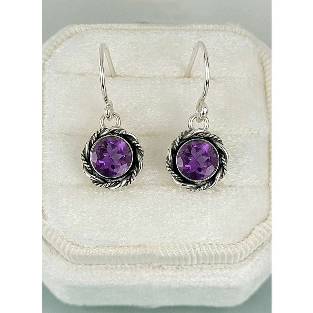 amethyst earrings in sterling silver, vintage style drop earrings