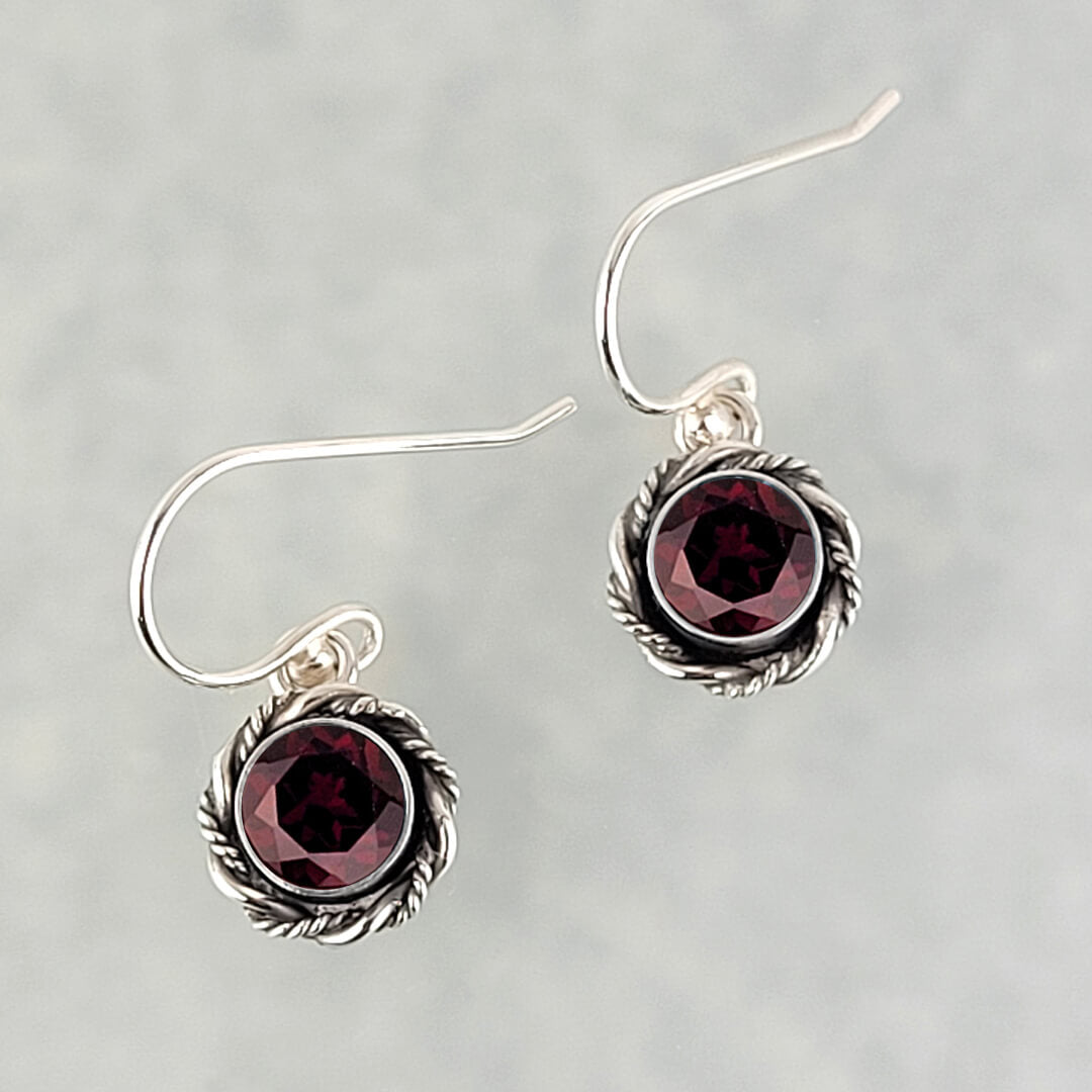vintage style garnet drop earrings in sterling silver