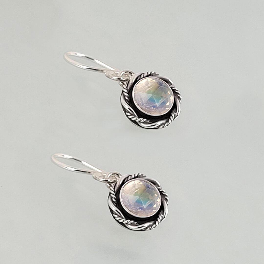 rainbow moonstone earrings in sterling silver, vintage style drop earrings