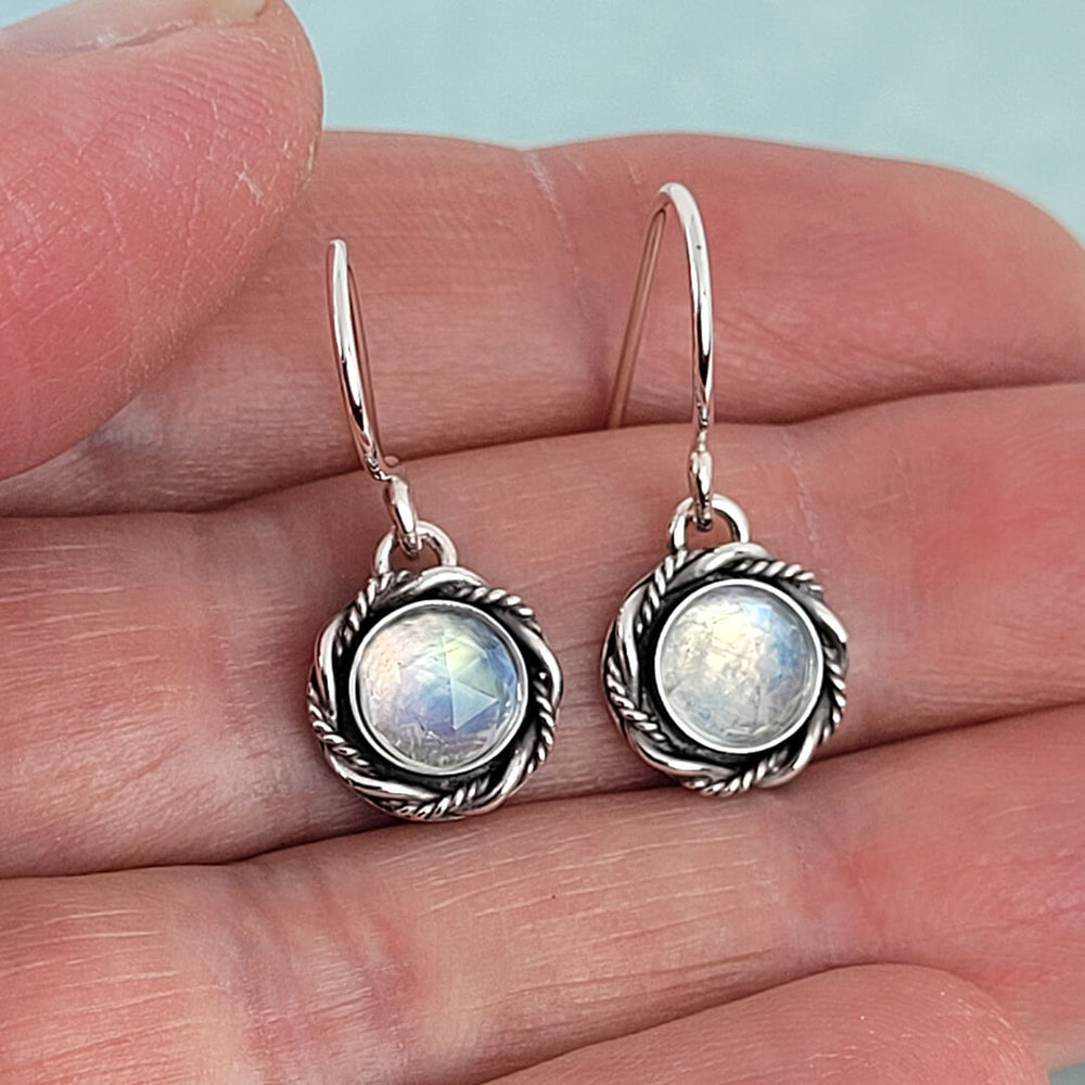 rainbow moonstone earrings in sterling silver, vintage style drop earrings