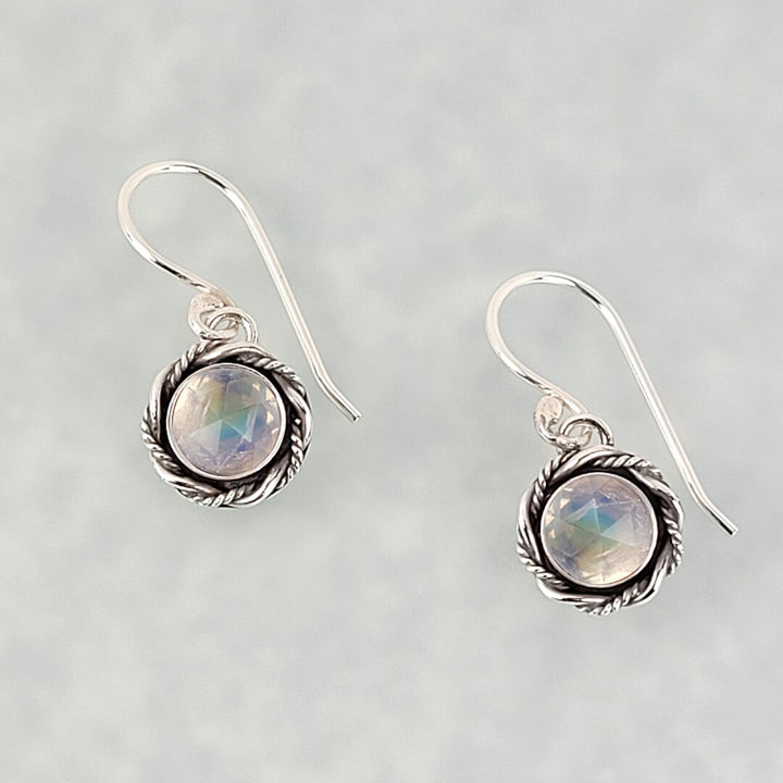 rainbow moonstone earrings in sterling silver, vintage style drop earrings