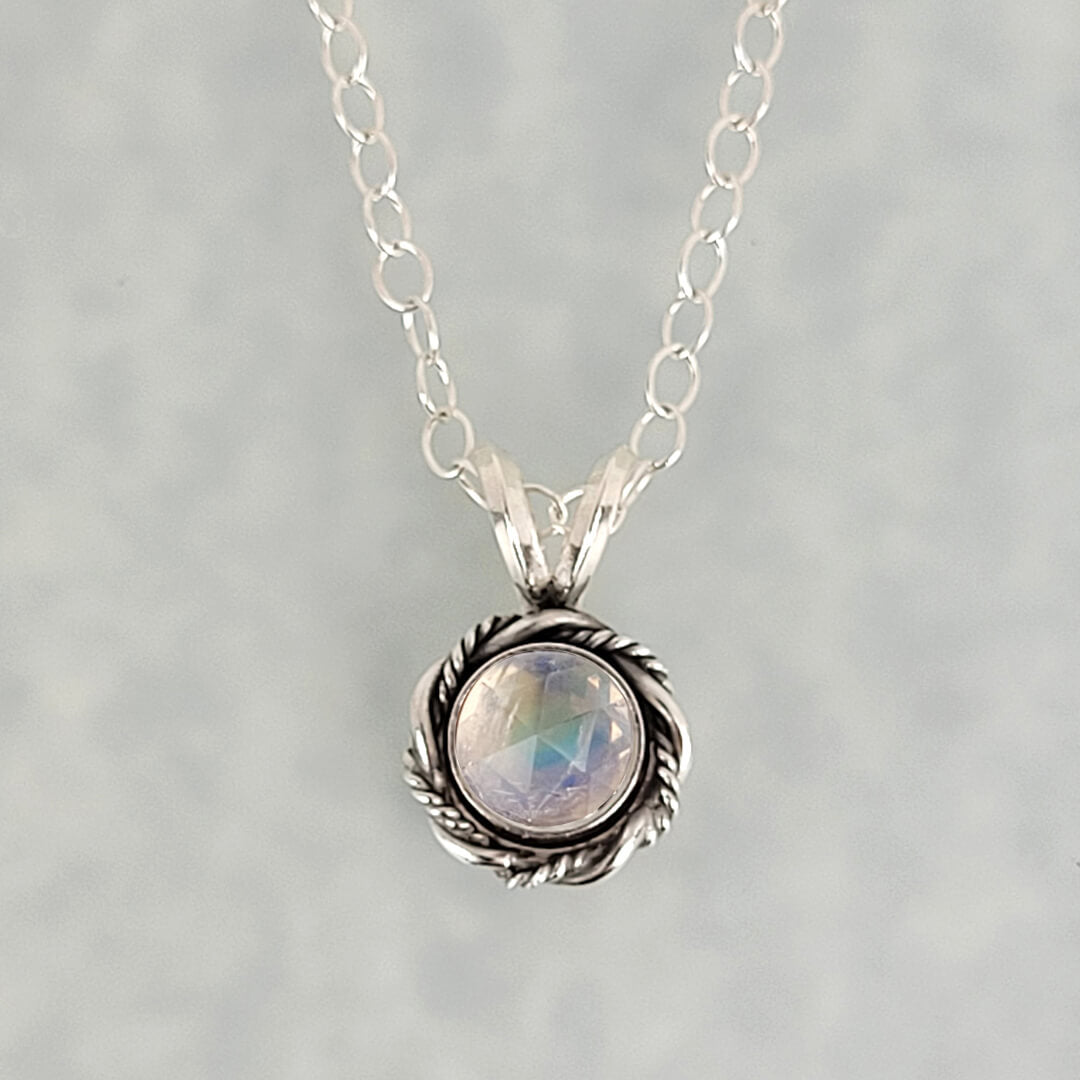 dainty rainbow moonstone necklace in sterling silver, vintage style