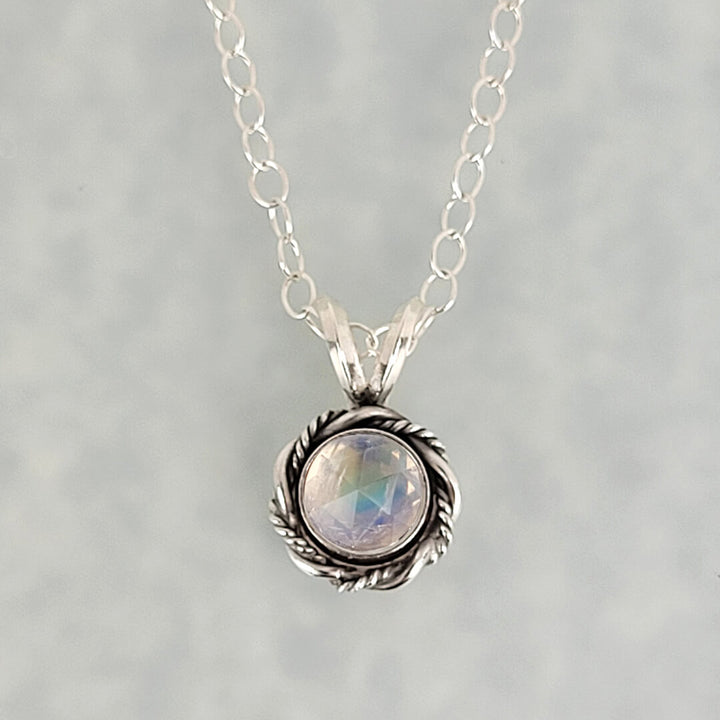 dainty rainbow moonstone necklace in sterling silver, vintage style