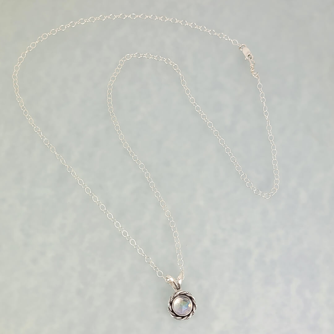 dainty rainbow moonstone necklace in sterling silver, vintage style