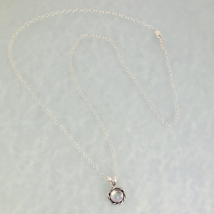 dainty rainbow moonstone necklace in sterling silver, vintage style